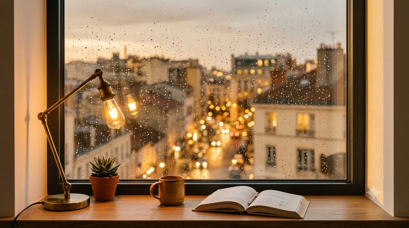 Дощовий вечір за чистим склом: тепла лампа, чашка і книжка на підвіконні